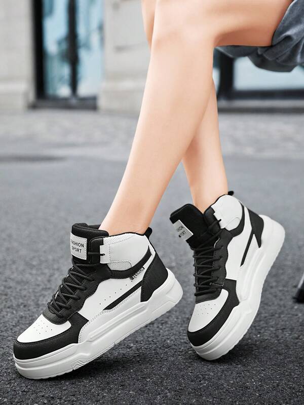 Women's Fashion Black & White Contrast High-Top Casual Sneakers, Versatile For Daily, Outdoor, Couple, Campus, Sports Walking