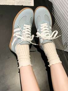 女士多功能时尚休闲鞋，平底系带圆头橡胶底休闲运动鞋，黑色和卡其色拼接，日常搭配鞋，休闲鞋尺码 36-41