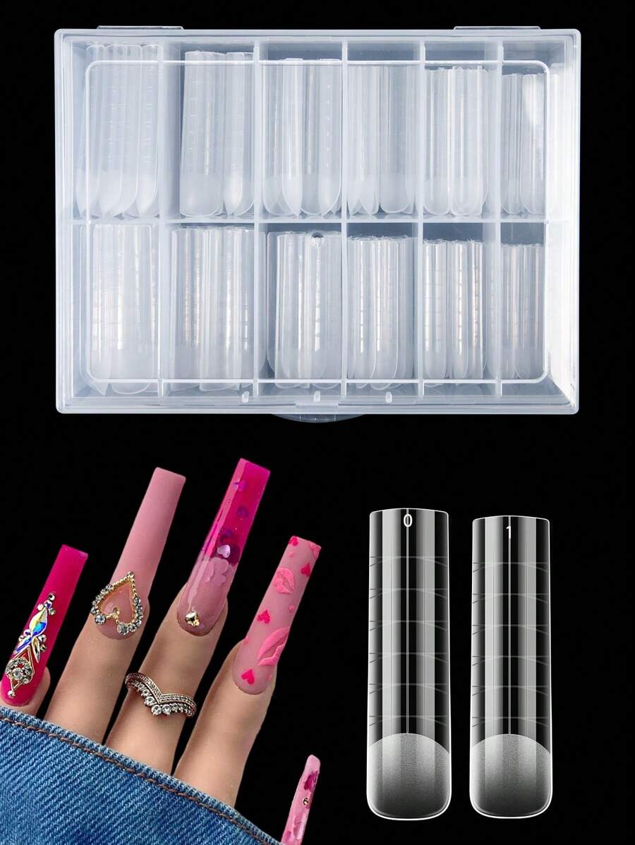 120PCS Transparent Square Nail Mold, 12 Sizes XXL Matte Full Set Of Double Polymer Nail Gel Shape Finger Extension Nail Tool Accessories, Suitable For Salons And DIY