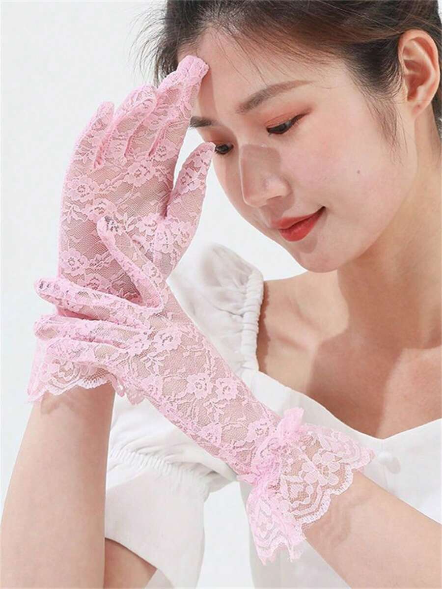 1 双白色蕾丝女士手套,适合派对、婚礼、歌剧、下午茶等场合,秋季配饰,情人节配饰,优雅,派对必备 - 粉色 - 查看 1