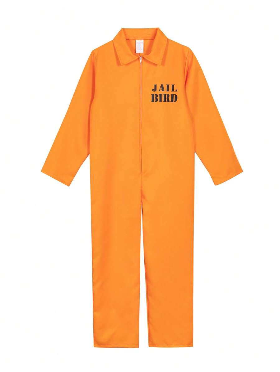 1pc Adult Prisoner Costume Cosplay Outfit, Orange Jumpsuit Convict Jail Uniform Set