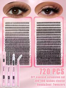 720pcs, 30D/40D D-Curl Eyelash Extension Kit, Individual Lash Clusters, Includes Eyelash Glue, Sealant And Eyelash Extension Tweezers, Easy DIY Lash Extension At Home - Black - View 7