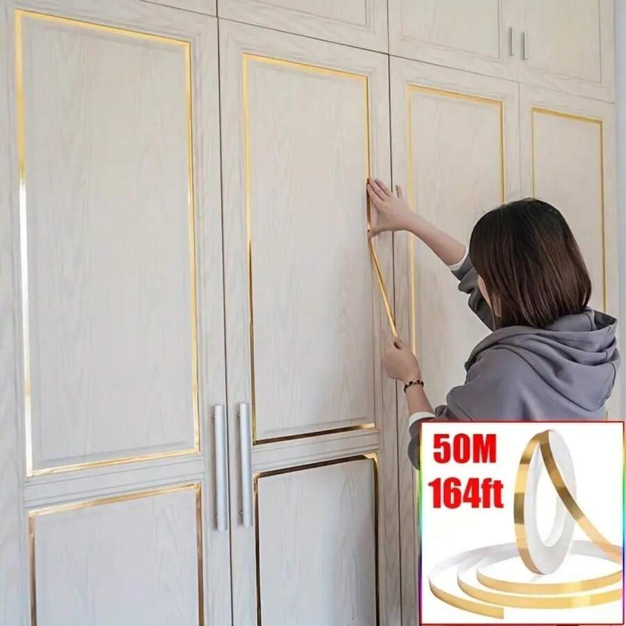 1pc Gold Self-Adhesive Tile Sticker Tape, 164ft Length, Waterproof Wall & Floor Crevice Sealing Strip, Tile Grout Decorative Sticker, Home Decor, Various Widths (0.19/0.39/0.59/0.78 Inches)