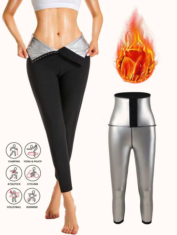 Sports Outdoor 1pc Women's Solid Color Full Coating Sauna Workout Pants, High-Waist Tummy Control Sexy Fitness Slim Leggings, Compression Workout Bottoms With Waist Trainer & Butt Lifter For Weight Loss (PU Coating) Gym Accessories