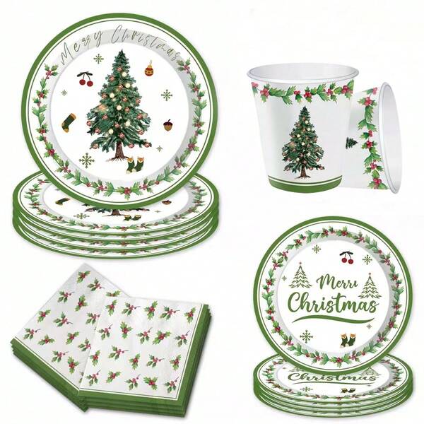 10pcs Disposable Christmas Tree Paper Plates Cups Napkins Dinnerware Christmas Party Packs Green Christmas Party Decorations Tableware Merry Christmas Party Supplies For Winter Holiday Xmas Table Decorations