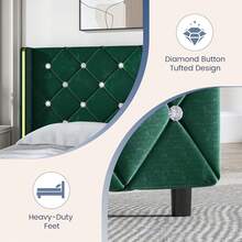 Twin/ Full/ Queen/ King Size Bed Frame, Upholstered Bed Frame With Diamond Headboard And Footboard, No Box Spring Needed With Wood Slat Support, Easy Assembly, Twin Bed Frame/  Full Bed Frame/ King Bed Frame, Black/ Pink/ White/ Purple/ Blue/ Green - 綠色 - 查看 4