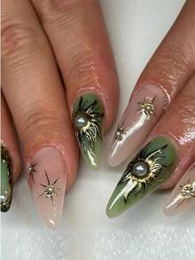 Press On Nails,96pcs Almond Fake Nails,Nude/Green,French Tip, Stripes Plant,Star Gilding,Pearl,Glossy Women'S False Nails Y2k Style,Suitable For Daily Leisure, Work, Parties, Dates, Holiday Celebrations, Reusable, With Jelly Glue And Rubbing Strips - 綠色 - 查看 2