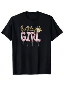 Birthday Girl Print Summer Graphic T-Shirts For Outdoor Sports And Daily Wearing, Young Girls T-Shirts Ideal Gift For Birthday, Size From 3-13Y - Black - View 2