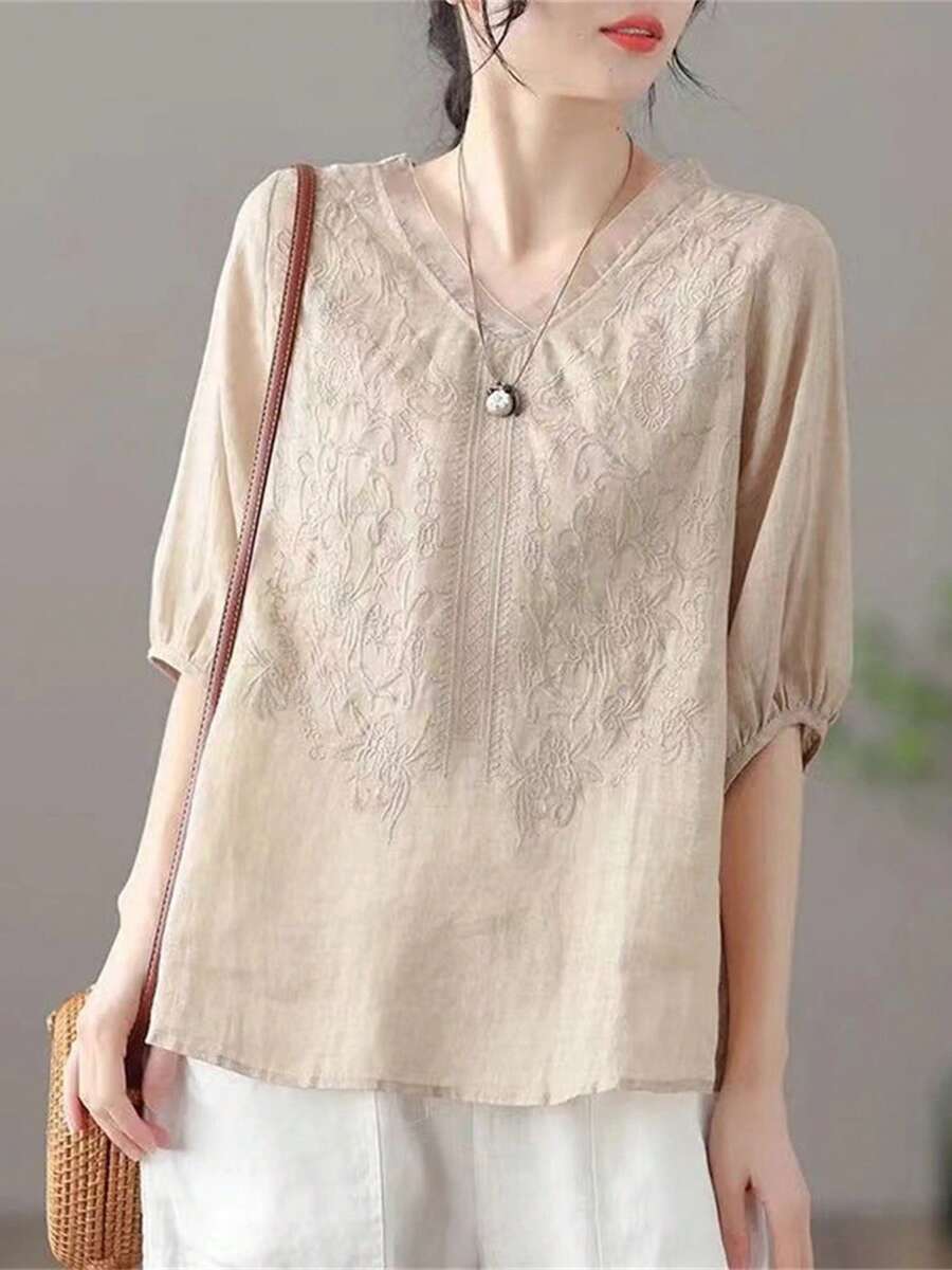 Embroidered Tops For Women Cotton Linen Shirts Boho  Peasant Tee Ladies 3/4 Sleeve V Neck Casual Tunic Blouses - 米色 - 查看 1