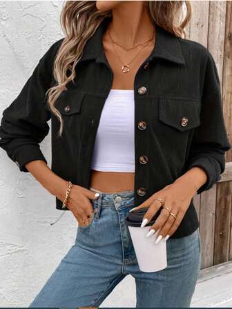 Casual Pocket Long Sleeve Corduroy Short Jacket, Autumn/Winter
