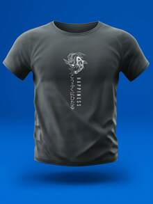 Shendy Vendy Men's Printed T-Shirt, 100% Cotton, Crew Neck, Short Sleeve, Japanese Design, Happiness Letters And Fish, Casual Urban Style Streetwear, Comfortable Fit, Soft Touch, Breathable, Ideal For All Seasons, Lightweight High-Quality Garment, Modern Masculine Look, Daily Sporty Vacation Outfit, Updated Fashion, Pairs With Jeans, Joggers, Shorts Or Jacket, Available In Various Colors - 鉛灰色 - 查看 4