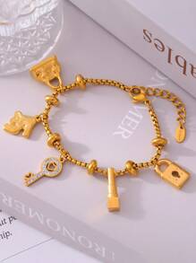 MiDuoDuo 1 Peça Pulseira Vintage Ajustável de Aço Titânio Banhada a Ouro 18K com Pingente de Strass, Joia Estilo Europeu e Americano Ins para Mulheres