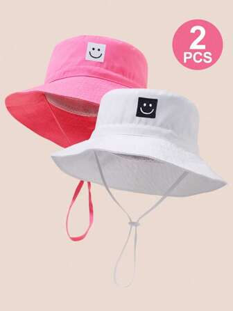 2 件装儿童纯色刺绣笑脸下巴带夏季海滩防晒渔夫帽