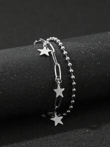 1 pezzo Collana con catena di perline in acciaio inossidabile con croce e pentagramma, mini-maschile e versatile doppio strato per uomo