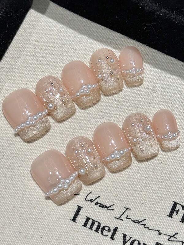 10PCS French Nude False Nails With Glitter Full Cover Square Artificial Nail Tips For Daily And Parties Wearing