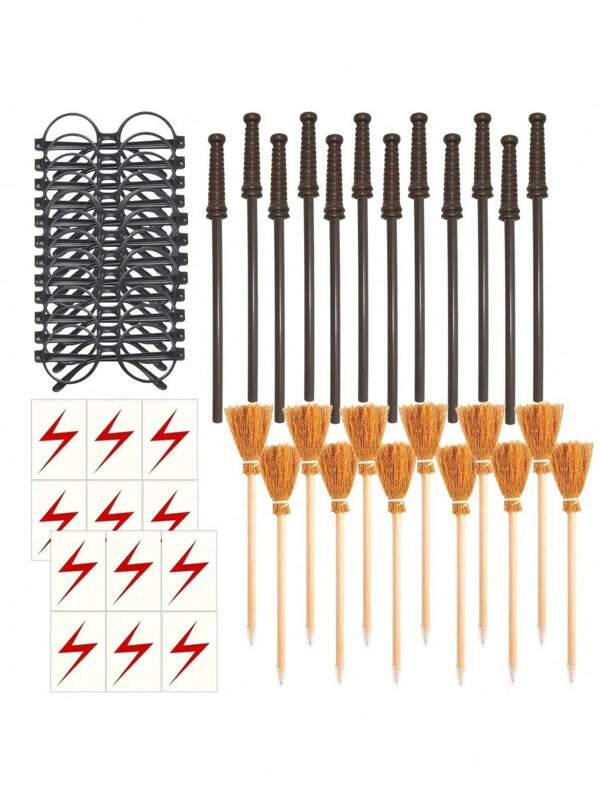 16/24pcs Wizard Party Supplies Stationery Set - With Removable Handle Design Pen Cap Wand Pencil And Lensless Glasses Frame Lightning Sticker Witch Broom Pen Halloween Wizard Party Supplies Wizard Pencil Magic Theme Gift Bag Filling Gifts Suitable For Birthday, Halloween, Role Playing Costume Party Decoration Gifts