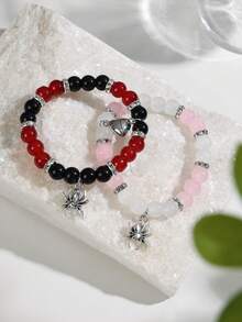 2Pairs Gothic Spider Charm Beaded Bracelets With Magnetic Heart Matching Design - Perfect For Couple Halloween Gift & Fashion Best Friend Hand Accessory ﻿ - Multicolor - View 4