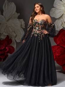 VIPGIRL Black Floral Embroidered Off Shoulder Ball Gown With Detachable Sleeves, Tulle Plus Size Formal Dress For Prom, Gala, Wedding Guest,Evening Dress Women Dresses,Evening Gowns Formal Plus