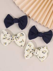 4pcs Girls' Soft Solid Color & Floral Print Hair Bow Clips, Pair Sets Of Bohemian-Style Bows - Charming Free-Spirited Delightful Hair Accessories For Beach Trips, Music Festivals, Parties & Summer Seasons