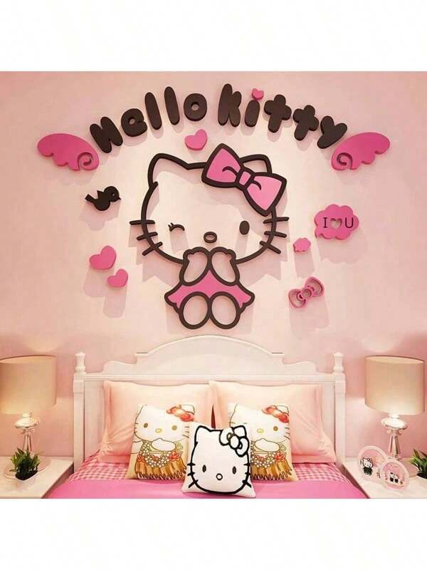 Sanrio قطعة واحدة من عصا الحائط ثلاثية الأبعاد من Hello Kitty، ديكور كارتون لغرفة البنات، غرفة النوم، مناسب لهدايا الهالوين، عيد الميلاد، التخرج، الديكور المنزلي (ملاحظة: التجميع الذاتي مطلوب)