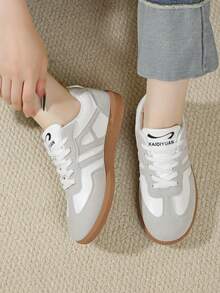 Zapatos casuales multifuncionales de moda para mujer, zapatillas casuales con cordones, puntera redonda, suela de goma, en color bloque negro y caqui, para combinar diariamente, zapatos casuales talla 36-41, de moda, blanco y gris - Blanco - Ver 7