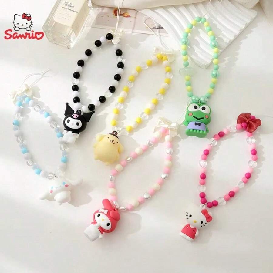 Sanrio 1 pieza Funda para teléfono con cadena, decoración colgante de cámara, cadena de cuentas dibujada a mano, con diseños de Hello Kitty, Kuromi, Melody, Cinnamon Dog y Pacha Dog. Mejor regalo para mamá, familia, amigos en cumpleaños, fiestas y talla grande ocasiones especiales.