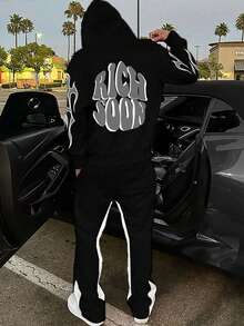 Men Y2K Streetwear Graphic Print Hoodie And Sweatpants Set, Fall Clothes