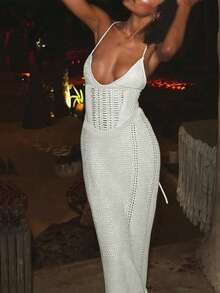 性感镂空蕾丝吊带针织罩衫，文艺复兴风格连衣裙，夏季中长连衣裙，女士沙滩波西米亚风性感镂空露背钩针罩衫连衣裙，适合情人节、新年、年末、圣诞派对 - 白色 - 查看 9