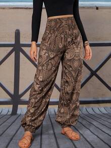 Paisley Print Full Body Pocket Zipper Pant Spring - Brown - View 3