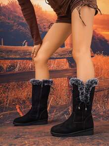 Botas de nieve hasta la pantorrilla para mujer, color negro, cómodas con ribete de piel sintética, estilo gótico sólido con lazo de tela, parche de piel sintética, cremallera lateral - tacón de cuña cálido, puntera redonda, botas para exteriores, botas de invierno cómodas - Negro - Ver 5