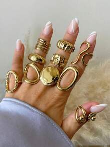 Set di 10 pezzi di anelli aperti asimmetrici di stile vintage a moneta geometrica per donne, adatto per vacanze, feste, appuntamenti, uso quotidiano, regalo (senza scatola)