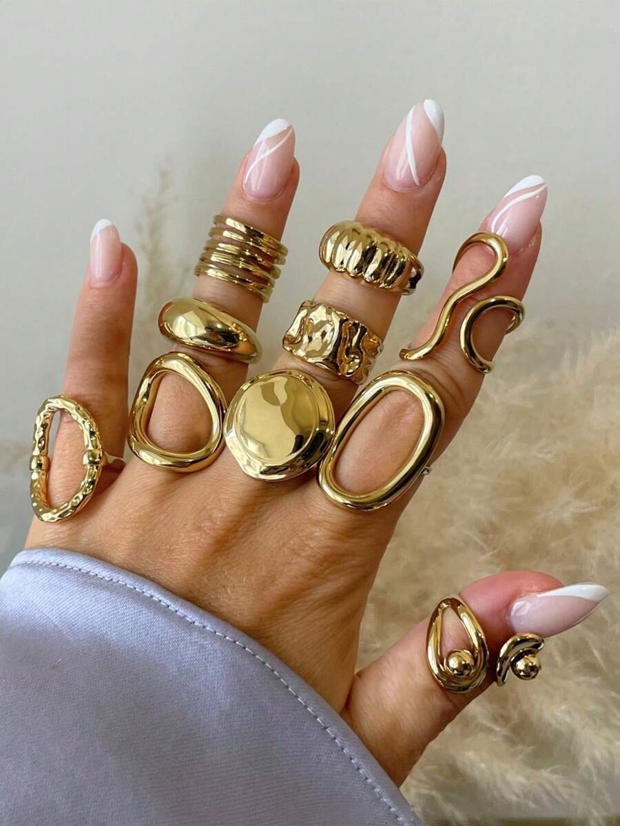 Set di 10 pezzi di anelli aperti asimmetrici di stile vintage a moneta geometrica per donne, adatto per vacanze, feste, appuntamenti, uso quotidiano, regalo (senza scatola)