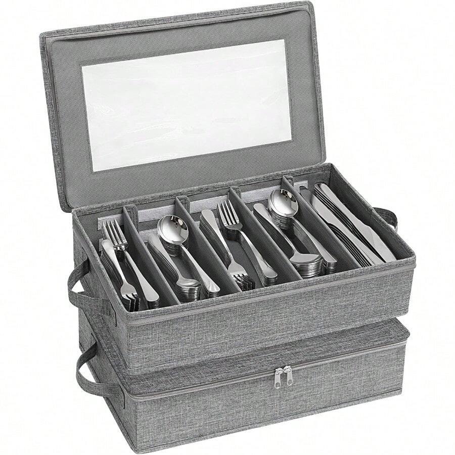PZWLifewit Caja De Almacenamiento De Cubiertos Organizador De Cubiertos Con Tapa De Cremallera Estuche De Cubiertos De 5 Compartimentos Con Divisor Ajustable Y Asa Recipiente De Utensilios ParaGS5485 - Grisclaro - Xem 1