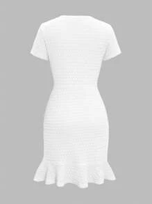 Unadoll Women's Spring Round Neck Short Sleeve Dress With Fake Pockets And Decorative Buttons, Elegant And Fashionable, Suitable For Party, Date, Commute, Birthday, Valentine's Day And Other Occasions - White - View 4