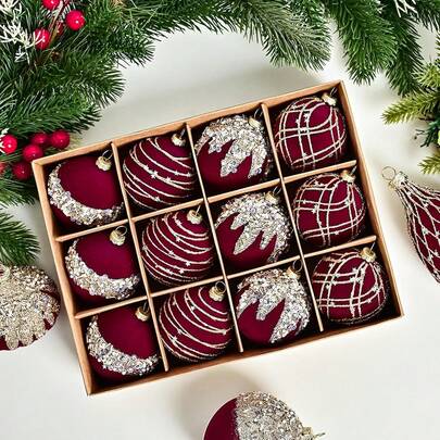 12个大型圣诞树装饰球，手工制作，透明圣诞饰品，12个天鹅绒钻石圣诞球，适用于生日、装饰球、圣诞树饰品、婚礼挂饰、派对等场合，散装天鹅绒圣诞树饰品，防碎闪光珍珠圣诞树饰品，家居装饰、圣诞装饰、房间装饰、冬季圣诞装饰、圣诞礼物、圣诞装饰品