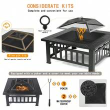 Fire Pits For Outside 32" Wood Burning Fire Pit Tables With Screen Lid Poker BBQ Net Ice Tray Food Clip And Cover Backyard Patio Garden Outdoor Fire Pit Ice Pit BBQ Fire Pit Black - 肉凍 - 查看 3