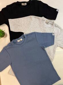Kit Of 3 Basic Women's Ribbed Ribbed Cotton Knit Blouses, Short Sleeve, Versatile, Assorted Colors - 彩色 - 查看 3