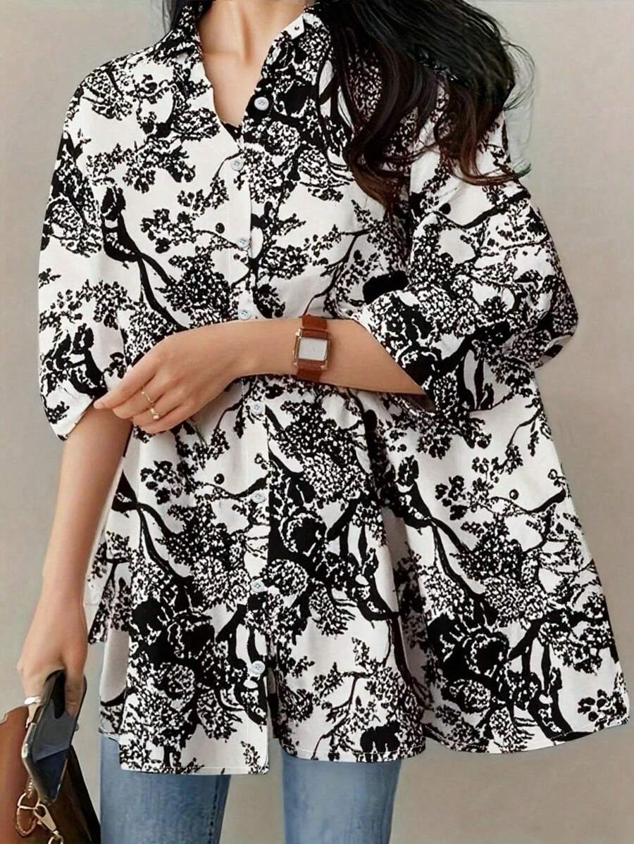 大码女式复古随机印花休闲宽松衬衫，优雅奢华上衣，适合假日、海滩、万圣节、圣诞节、新年、感恩节、派对、户外活动等场合。