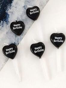 5支黑色心形生日快乐派对蛋糕蜡烛 - 黑色 - 查看 2