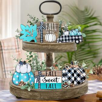 6 pièces Décoration de plateau à étages bleu automnal, Décorations de plateau de style ferme citrouille, Camions à carreaux buffalo citrouille, Pile de livres feuille d'érable, Panneaux en bois, Décoration d'automne et de Thanksgiving pour la cheminée, la table et les étagères