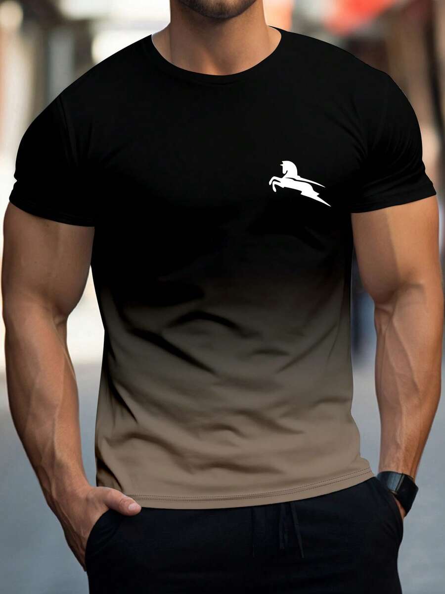 Camiseta deportiva de manga corta y cuello redondo para hombres, versátil y cómoda, con estampado degradado, adecuada para primavera/verano - Multicolor - Ver 1