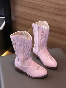 1 双儿童欧美防滑西部高筒靴，时尚百搭刺绣女童切尔西高筒靴，英伦风 - 粉色 - 查看 3