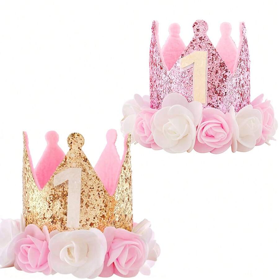1st Birthday Crown Headband For 1-6 Years Old Baby Girls, Gold & Pink Princess Party Flower Decor Gift
