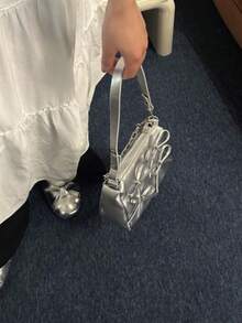 褶皱蝴蝶结装饰托特包，时尚银色链条肩带单肩包，多功能大容量，适合日常通勤 - 銀色 - 查看 4