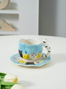 1 Set Creative Cute Cat Tail Handle Handpainted Cat Ceramic Coffee Cup & Saucer - Multicolor - View 9