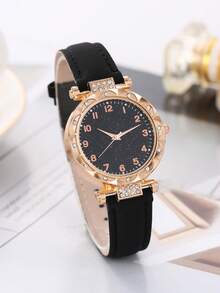 6 件套优雅时尚黑色星空数字石英手表和 6 件幸运花项链手链戒指耳环配饰套装，母亲节、情人节、复活节礼物 - 黑色 - 查看 3