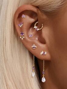 1Pc Natural Amethyst 925 Sterling Silver Earring For Women Flat Back Stud Minimalist Jewelry Helix Cartilage Gift For Her Wedding Party Fine Jewelry - Gold - View 12