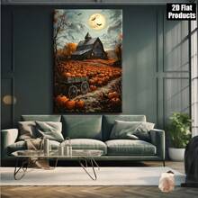 1 Canvas Wall Art Poster - Halloween Farmhouse With Pumpkins, Crows, Full Moon - Orange, Brown, Gray Fall Barn Scene, Indoor/Outdoor Fall Decor For Living Room, Bedroom, Office - Halloween Decor Gift Idea - Farmhouse Halloween Decor, Halloween Home Decor, Seasonal Room Decor, Dramatic Moonlight Scene, Textured Brushstrokes, High Quality Print, Rustic Style Fan, 2D Flat Print Poster, Frameless Painting