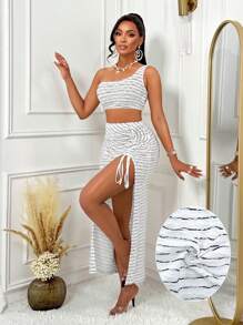Conjunto de dos piezas de top corto de un hombro y falda con abertura en el muslo, de tela con textura, sexy y de moda para el verano, perfecto para vacaciones en la playa y salidas