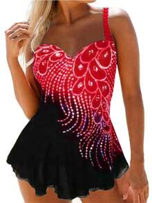 Women Plus Size One-Piece Swimsuit With Rhinestones Contrast Color Swimwear,Sizes S-6XL - Red - View 2
